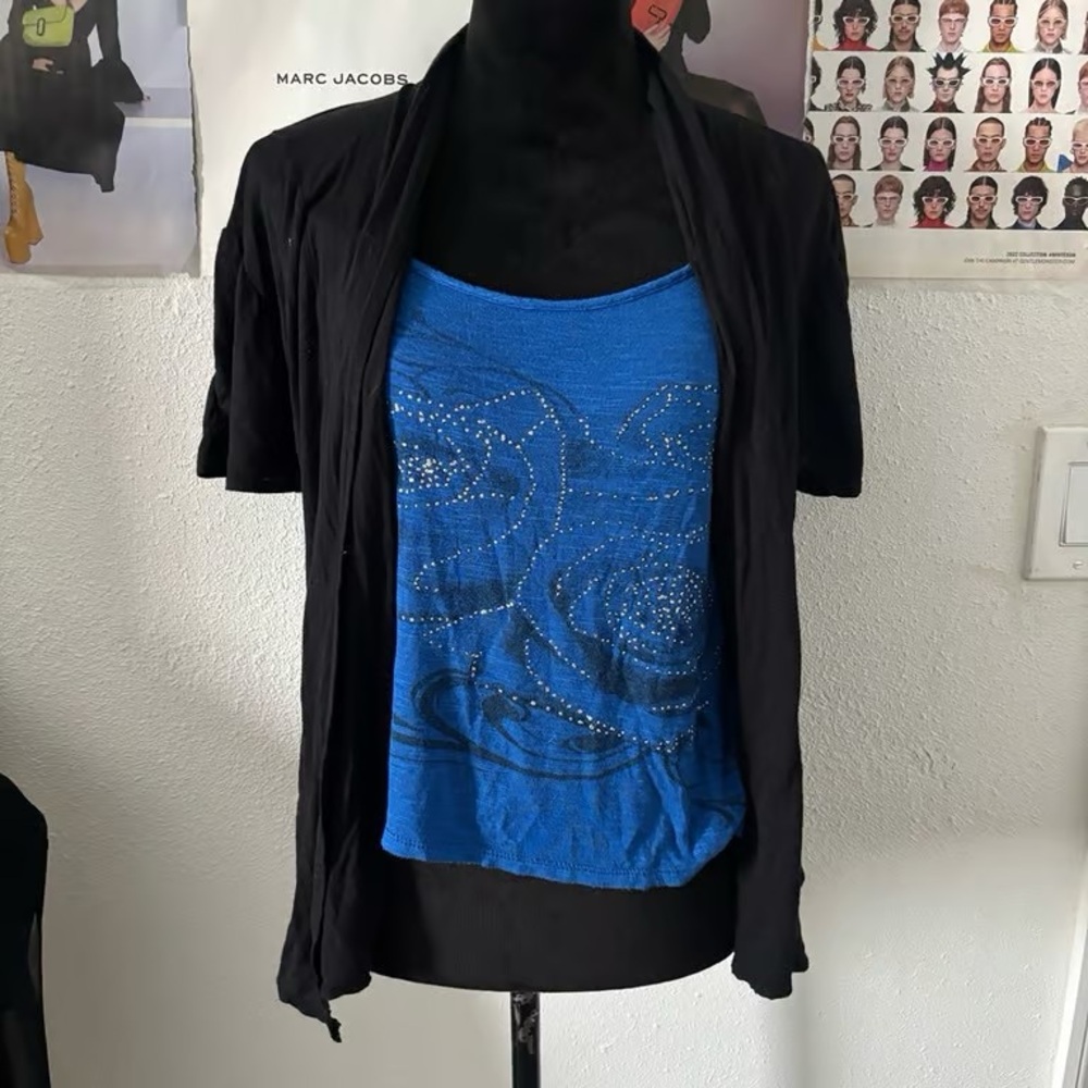 Blue Embellished Tank Top with Black Short Cardigan - Women